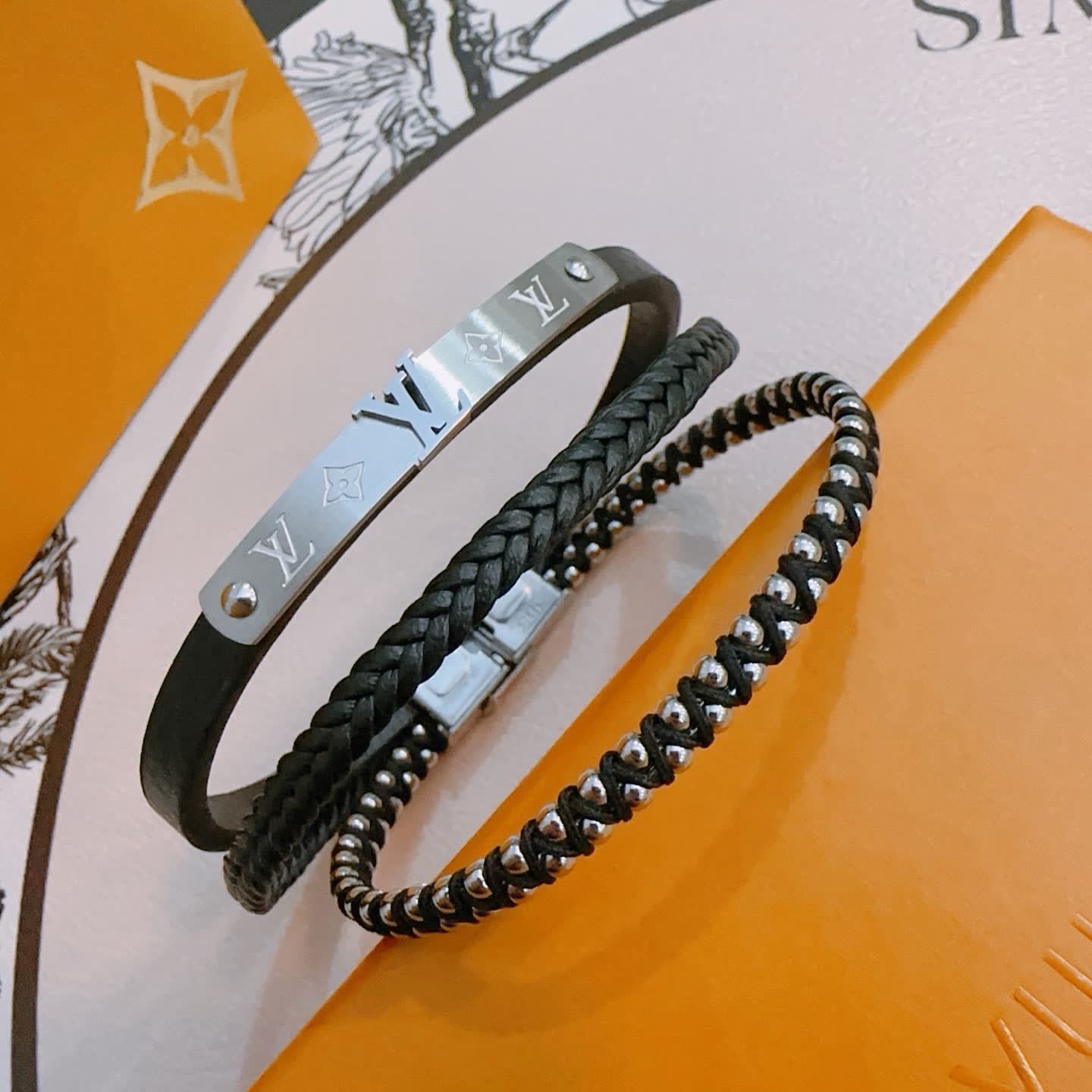 Louis Vuitton Leather & Metal Bracelet Set